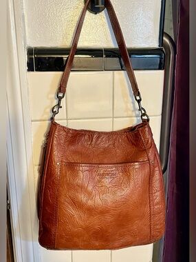 American Leather Co Austin Tooled Shopper Shoulder Bag Brandy like new